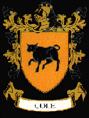 Cole family coat of arms — sable bull on gold shield